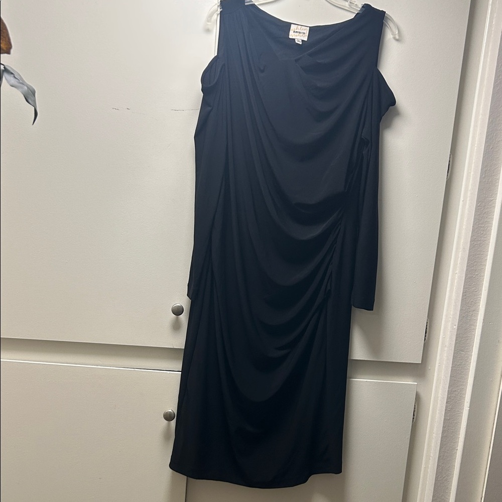 Ashley Graham Black Long-Sleeve Draped Cold-Shoulder Dress